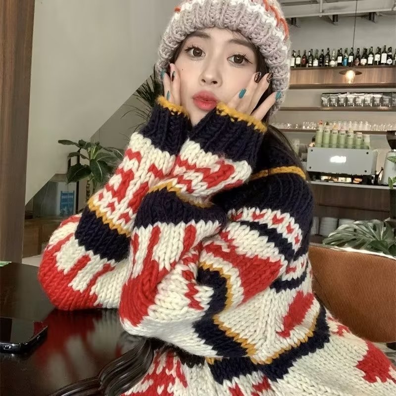 雰囲気感重工クリスマス赤いフェア島ジッパーセーター男女秋冬カップル怠惰なニットセーター|undefined