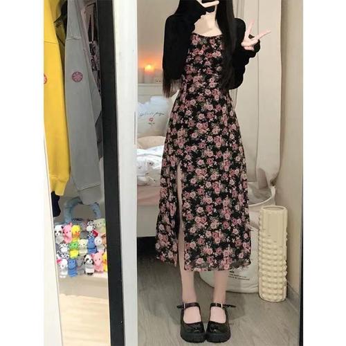 Ladies' Summer Floral Dress Set with Long Skirt and Sleeveless Open-Collared Top, Two-Piece Set with Sun Protection