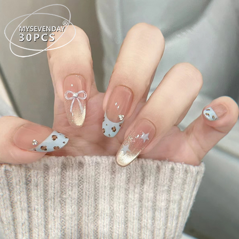 TikTok Explosions Wearing Nail Nails Advanced Sense Cat's Eye Leopard French Nail Art Patch Removable Cute Girl Fake Nails