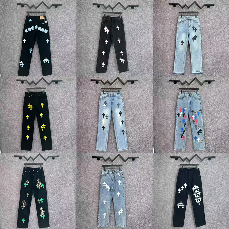 25 Correct Version Ch Crowe Cross Patch Leather Embroidered Washed Jeans Couple Loose Denim Factory Direct Sale
