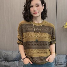 2025年春装新款时尚条纹拼接针织衫女宽松遮肚百搭打底毛衣