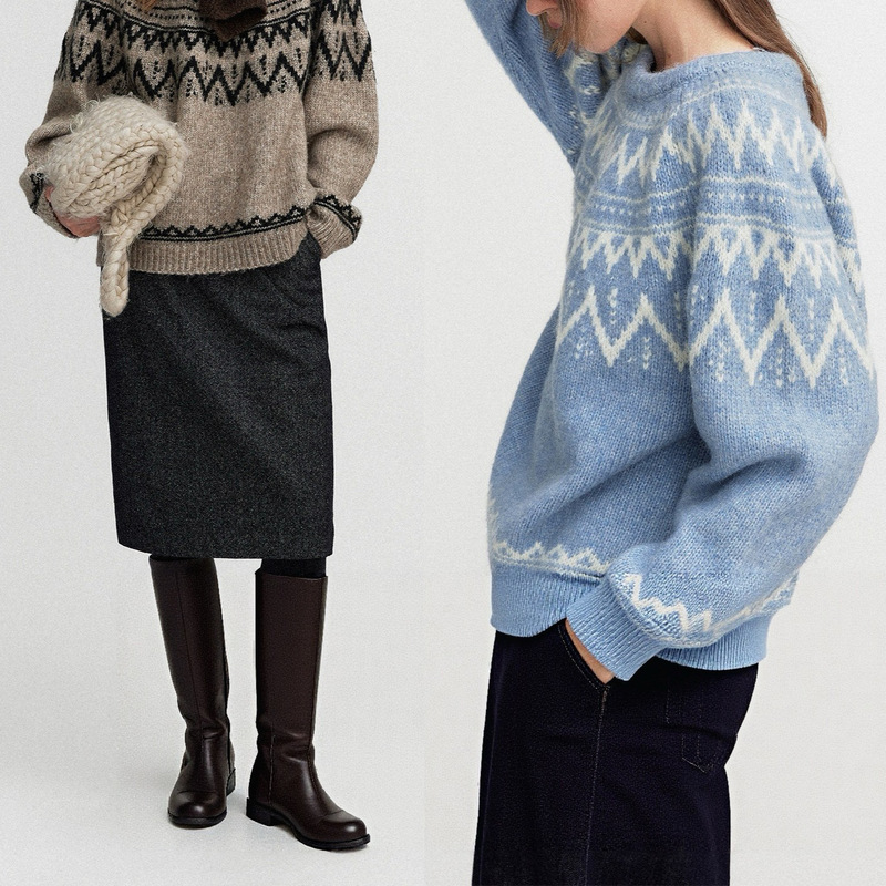 Iceland Is Snowing' Retro Fluffy High Wool Geometric Tweed Fair Isle Crew Neck Sweater for Women