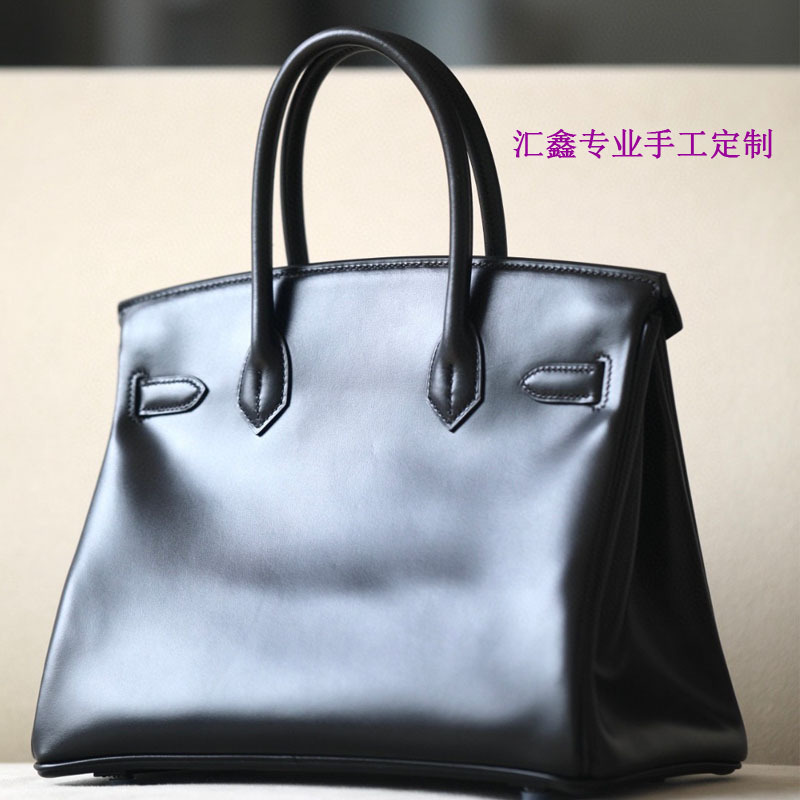 鑫豪華家純手作りワックス糸BKプラチナバッグ30cm黒色光沢面BOX革ハンドバッグ本革女性バッグ|undefined
