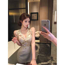 重工绣花镂空背心连衣裙冬季纯欲蕾丝拼接修身收腰包臀短裙