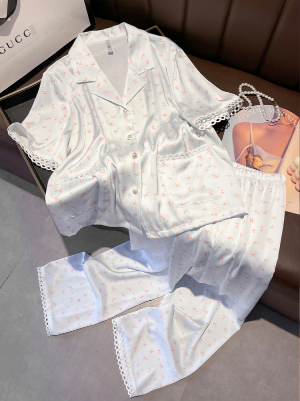 日系田园风真丝睡衣女春夏季桑蚕丝薄款夏季短袖家居服套装|undefined