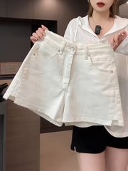 プラスサイズのハイウエスト弾性スリットデニムショートパンツ女性用 2025 夏ファット mm 股をカバーしてスリムに見える A ラインワイドレッグホットパンツ