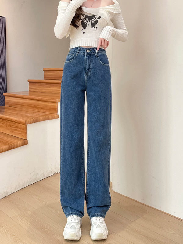Quần jeans ống rộng dáng suông nữ kiểu retro tôn dáng — màu xanh nhạt