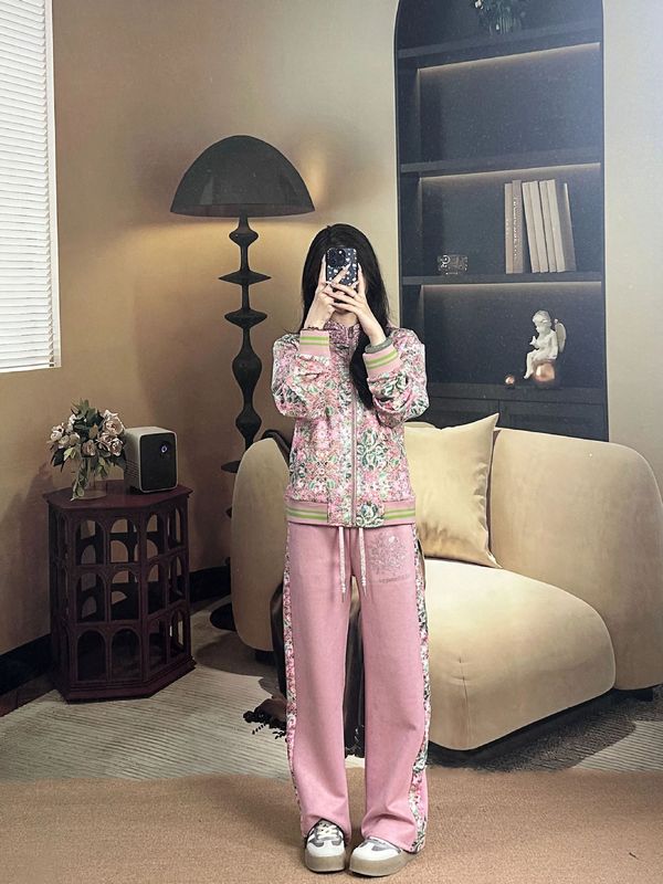 秋季连帽气质休闲显瘦套装设计感洋气粉色碎花高级感抽绳阔腿裤女|undefined