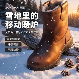 雪地靴冬季皮毛一体男士真皮厚底防水防滑加厚保暖防寒东北大棉鞋