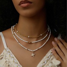 欧美跨境新款沙滩米珠贝壳饰品夏季百搭海星项链3条套装几何