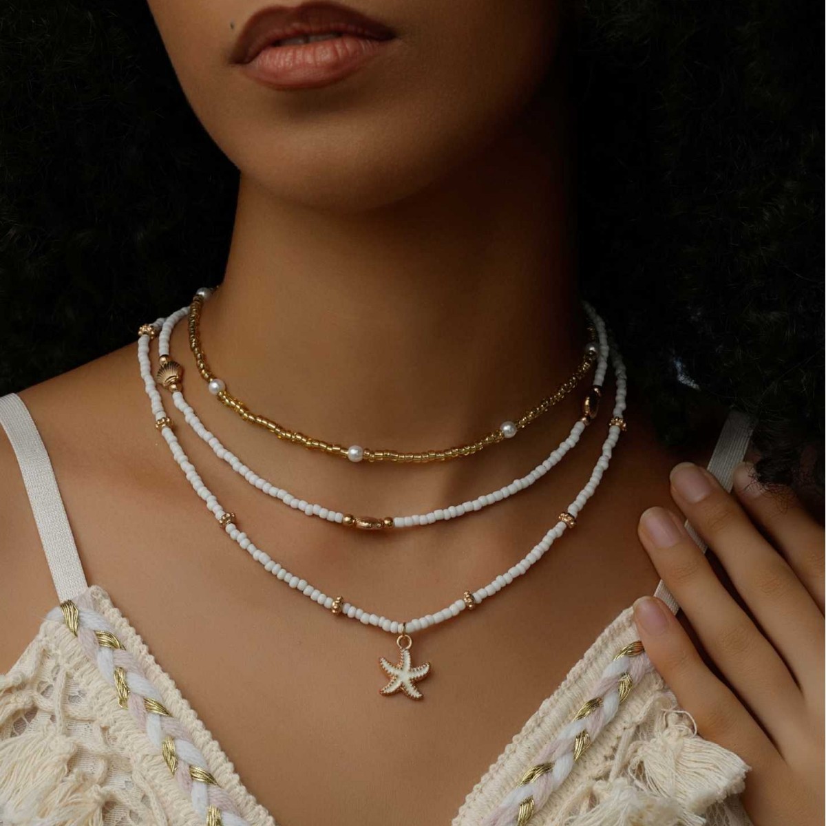 欧美跨境新款沙滩米珠贝壳饰品夏季百搭海星项链3条套装几何