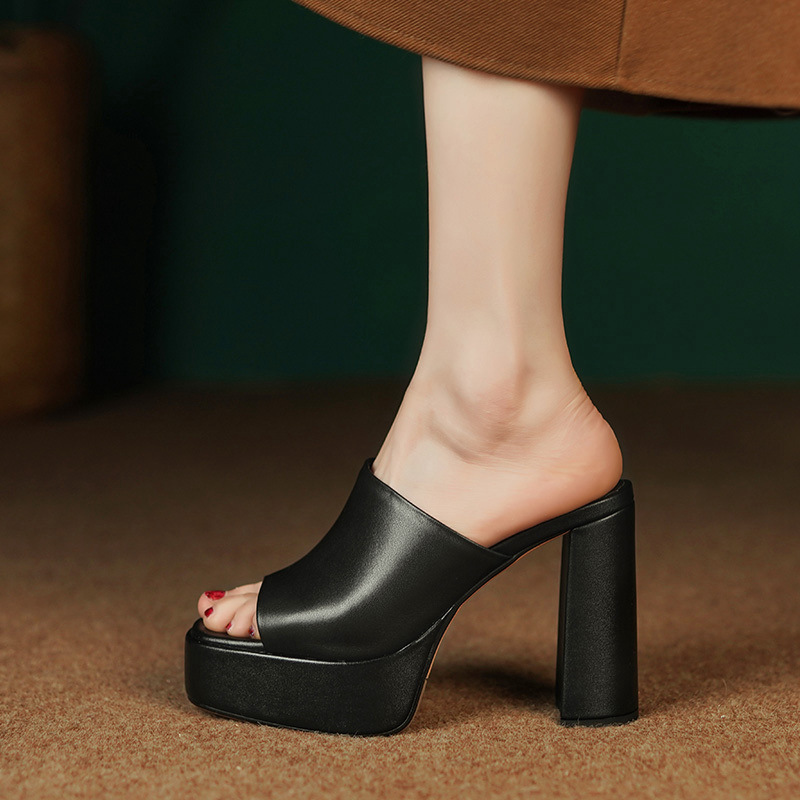 Sandal cao gót nữ hở mũi quai ngang gót vuông 11 cm — Màu đen