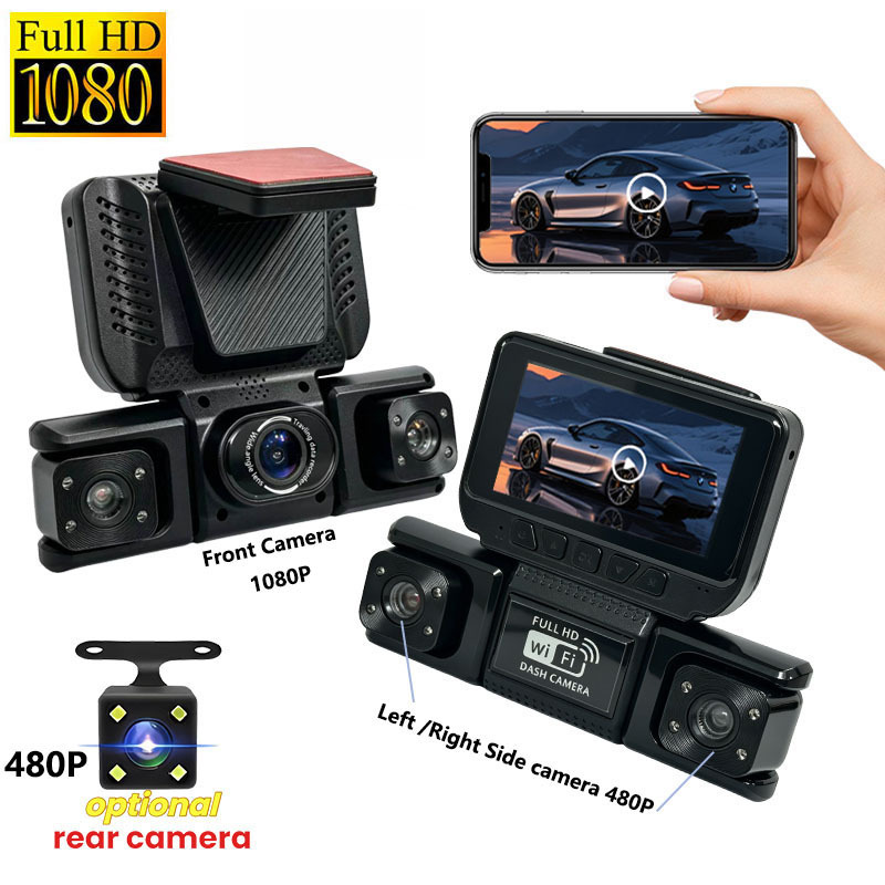 New 360-degree panoramic four-way dashcam with WiFi connectivity, enhanced night vision, parking monitoring, and reverse camera
