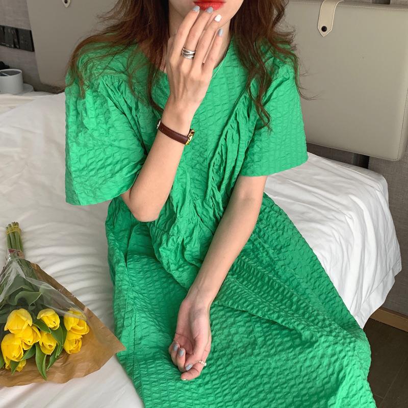 Korean chic Summer Gentle Round Neck Design Sense Bump Texture Loose Over-the-knee Puff Sleeve Dress Women's Long Dress