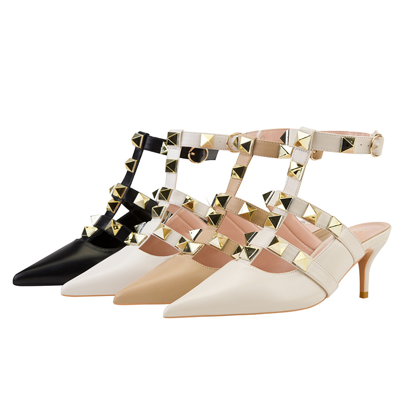869-3 European and American wind fashion show tall with shallow mouth pointed Roman style metal rivets hollow out sexy single shoes