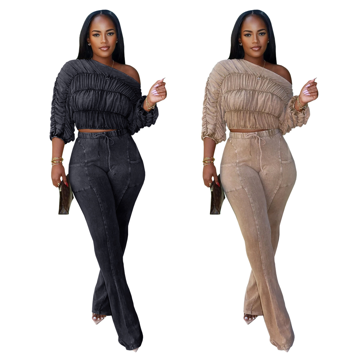 C7568 Aliexpress transfronterizo Amazon ropa de moda europea y americana para mujeres hace viejos hombros inclinados plegados mini-pantalones casuales conjunto