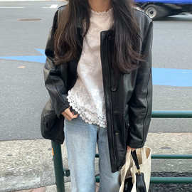 现货韩国客户订单同款！ 亚麻里料宽松显瘦中长款黑色皮衣外套女