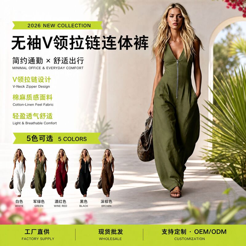 New 2026 European and American Amazon Independent Site Fashion Stylish Commuter Sleeveless V-Neck Zipper Cotton and Linen Women's Jumpsuit