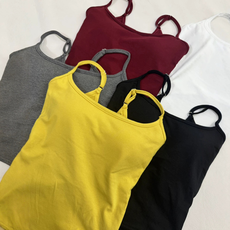 Early Autumn New Style Ribbed Pure Cotton Square-Neck Camisole with Cross-Back Design and Built-In Fixed Chest Pads, Suitable for Both Outer and Inner Wear
