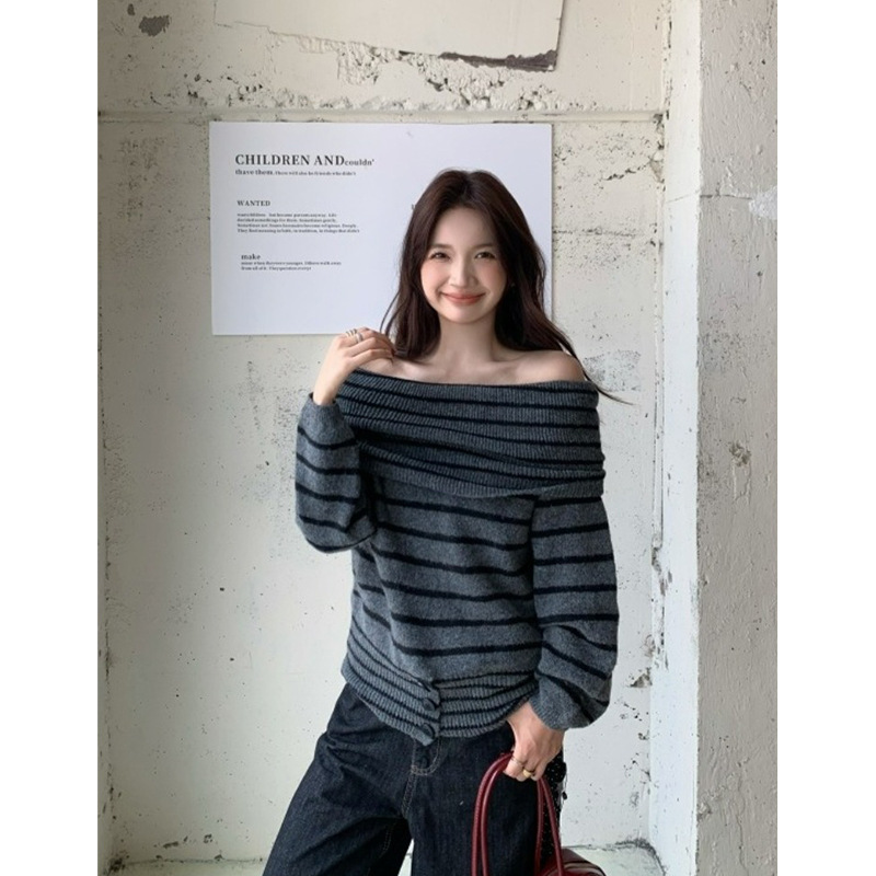 Kumikumi Lazy Style One-Shoulder Stripesd Long-Sleeved Sweater Women's Autum Versatile Loose Slimming Look New Top