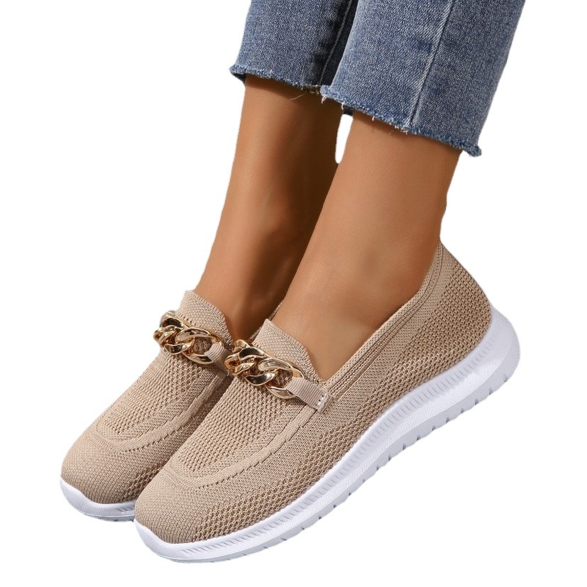 Comercio exterior europeo y americano de suela gruesa volando tejido de suela suave de una sola capa zapatos de mujer slip-on de punto transpirable mocasines de Mujer Zapatos de mesa estación independiente