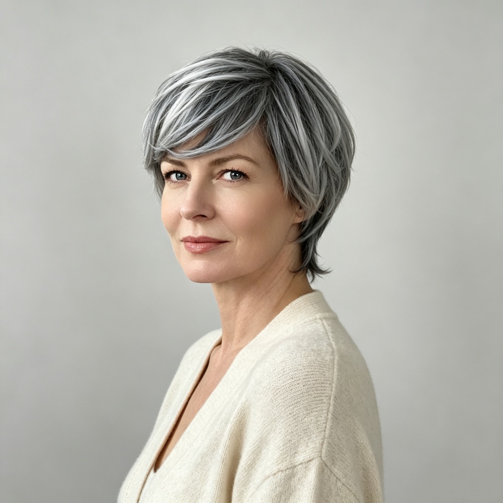 Amazon nueva peluca femenina de moda europea y americana pelo corto recto teñido en blanco y negro color mezclado fibra química Pelo Corto sombrero femenino transfronterizo image 5