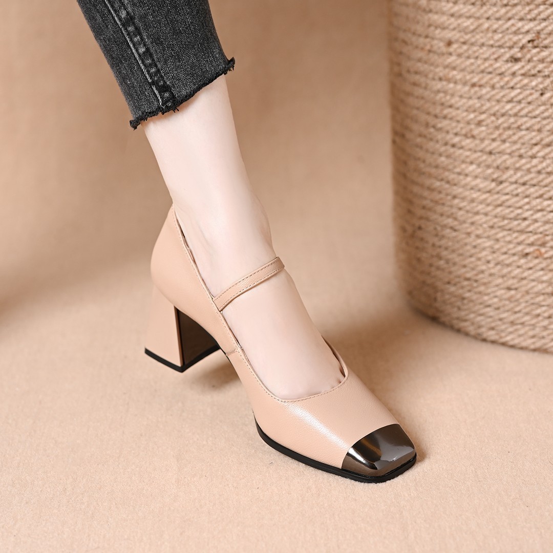 High Heels Square Toe Color Block Single 2026 New Export European And American Style Shallow Mouth Ankle Strap Thick High Heel_voghion.com