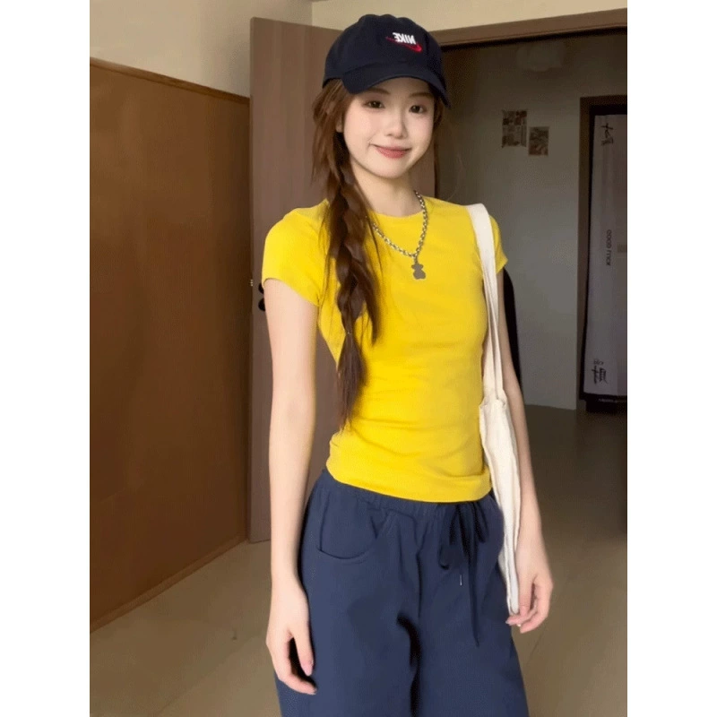 [210 г 40 тонких хлопчатобумажных 1*1] желтая футболка с короткими рукавами с круглым вырезом