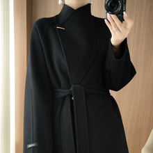 纯色双面羊毛大衣女士大翻领新款加长款裙摆宽松系带高级毛呢外套