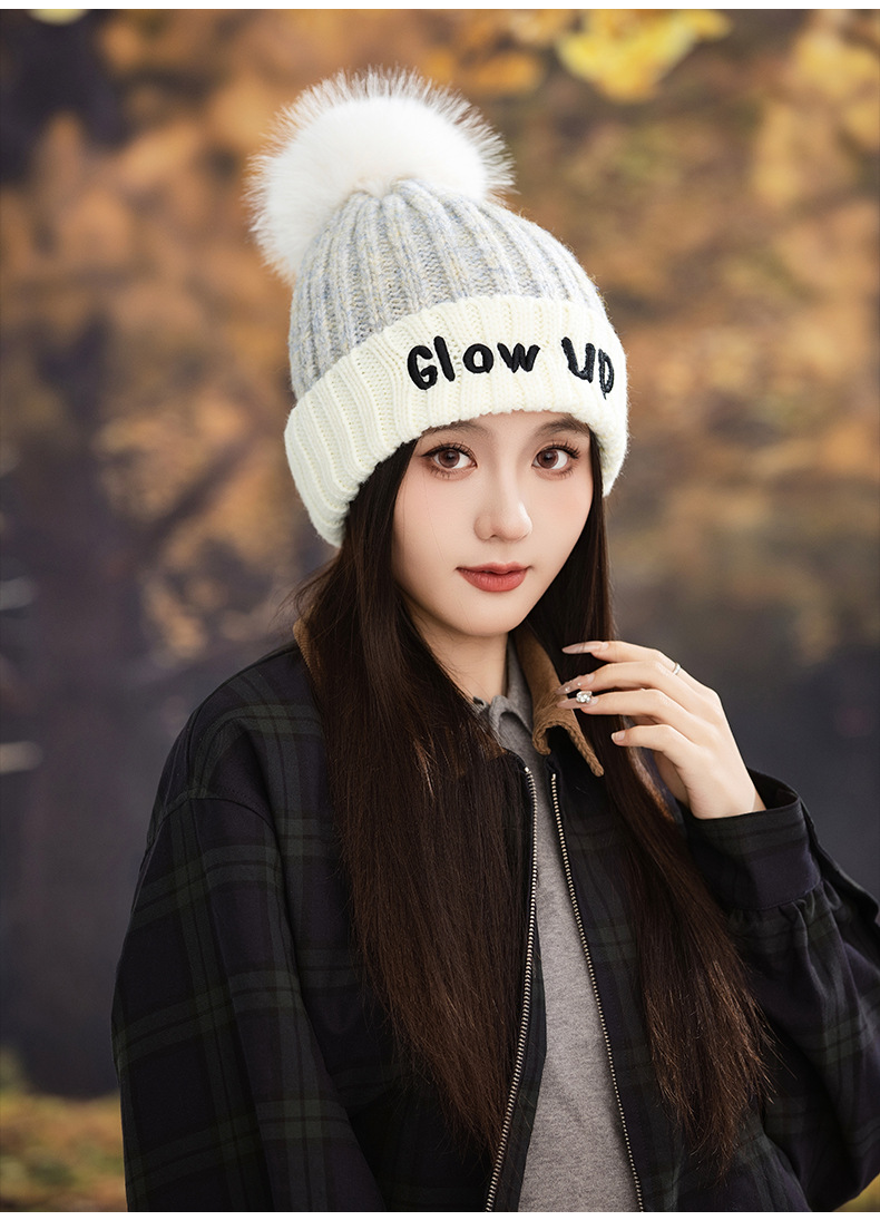 Gorro de lana de punto con bordado de letras inglesas, versátil, bonito y cálido, ideal para otoño e invierno. Con pompón. Estilo coreano._voghion.com