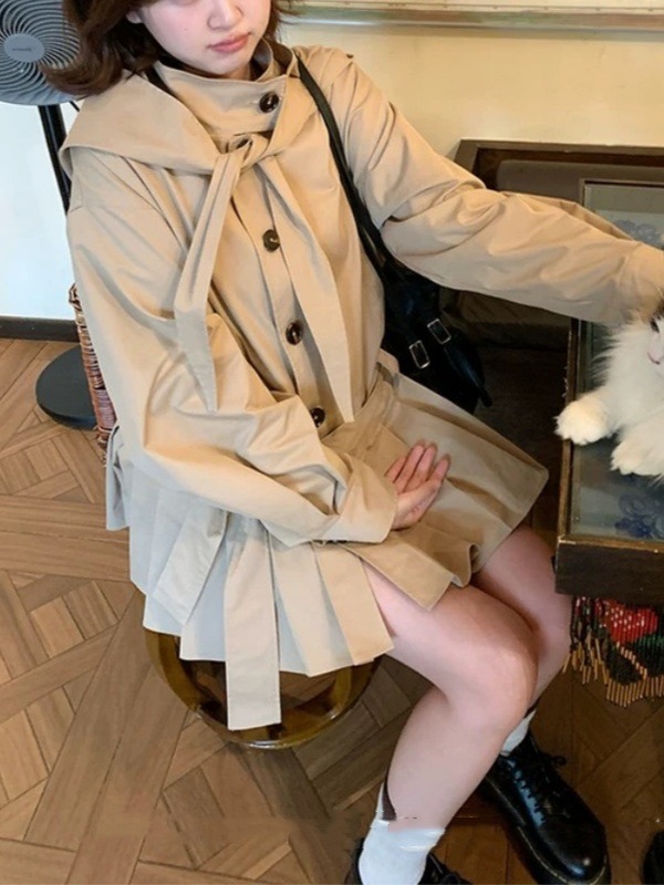 百褶风衣裙法式气质立领高级感长袖连衣裙女早秋|undefined