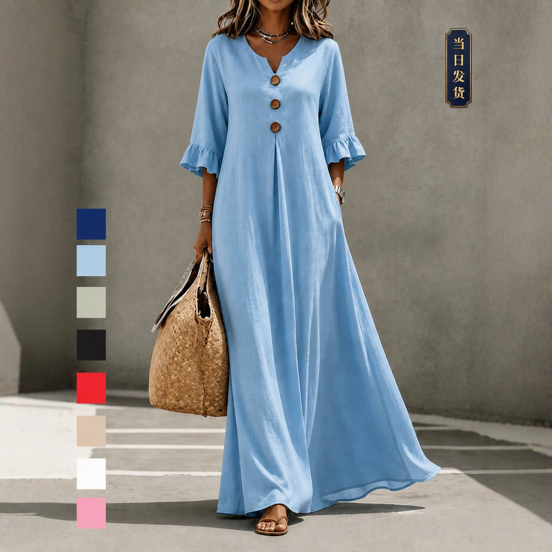 European and American Cross-Border Autumn and Winter Solid Color Women's V-Neck Long Dress, Fashionable and Elegant Dress with Pockets, Loose Flared Skirt European and American Cross-Border Autumn and Winter Solid Color Women's V-Neck Long Dress, Fashionable and Elegant Dress with Pockets, Loose Flared Skirt