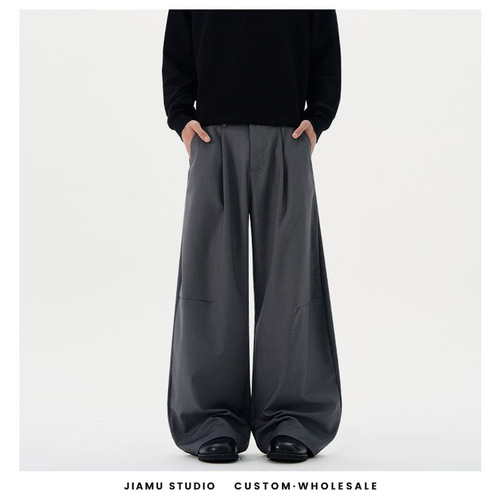 JIAMU Pleated Trousers, American Street Style Baggy Neutral Curved Blade Casual Wide Leg Loose Silhouette Pants for Men and Women