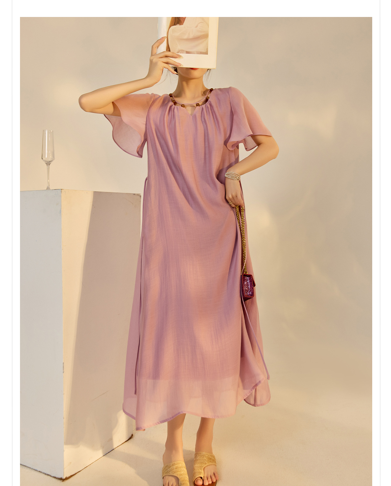 Đầm maxi nữ thắt eo tay lá sen chất Tencel phong cách dân tộc — Taro màu tím chi tiết 7