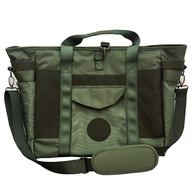 Helmet, capacious handheld laptop with velcro, shoulder bag