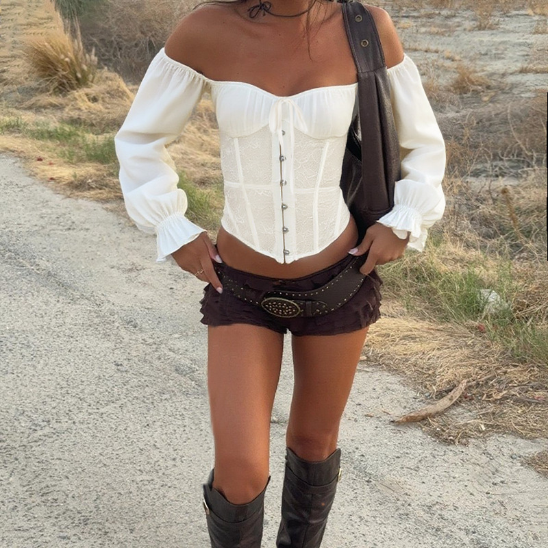 Cross-Border European and American Style Lace Lantern Sleeve One-Shoulder Top 2025 Autum New Waist Long-Sleeved Women Wq25204