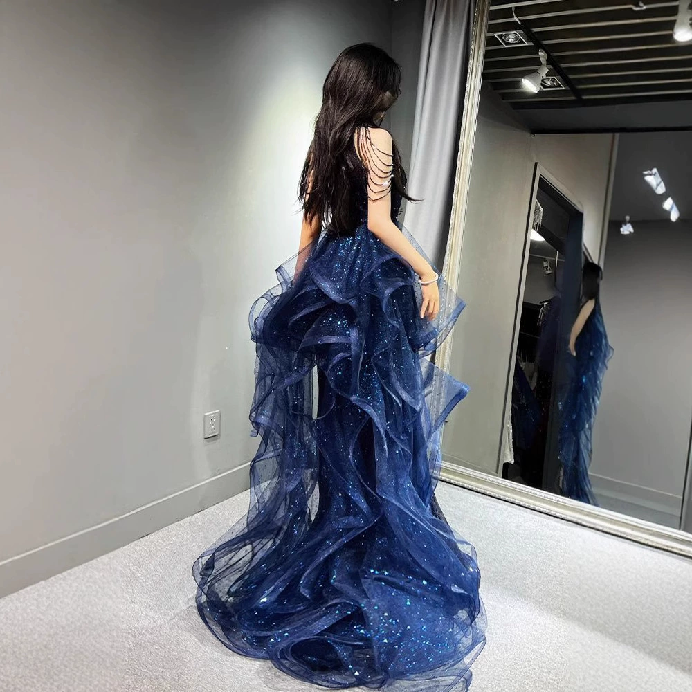 Синее вечернее платье 2025, новое, лёгкая роскошь, нишевый товар для взрослых, для экзаменов по фортепиано, вокалу, скрипке, выпускного вечера, ведущего