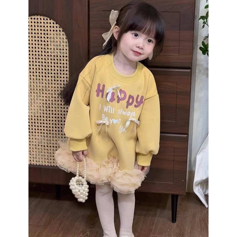 Vestido de niñas otoño y invierno letras extranjeras impresión arco y camisa de lana vestido de malla para niños