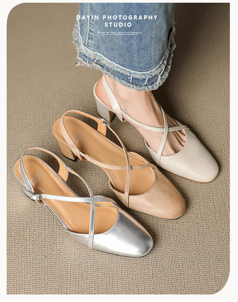 Sandal cao gót nữ mũi nhọn quai chéo buộc dây, gót vuông ổn định — màu trắng ngà chi tiết 2