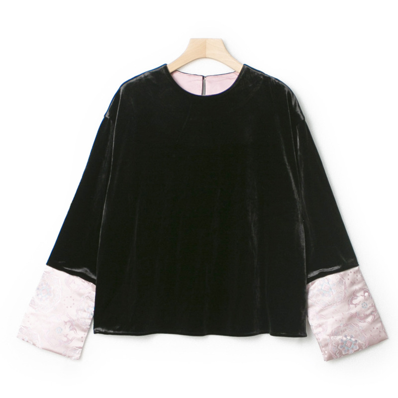 Ms* Velvet Chinese Style Shirt for Women with Color-Block Cuffs, Retro New Chinese Style Top