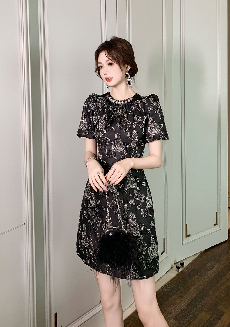 Đầm chữ A thắt eo họa tiết cổ điển phong cách Pháp — Màu đen chi tiết 10