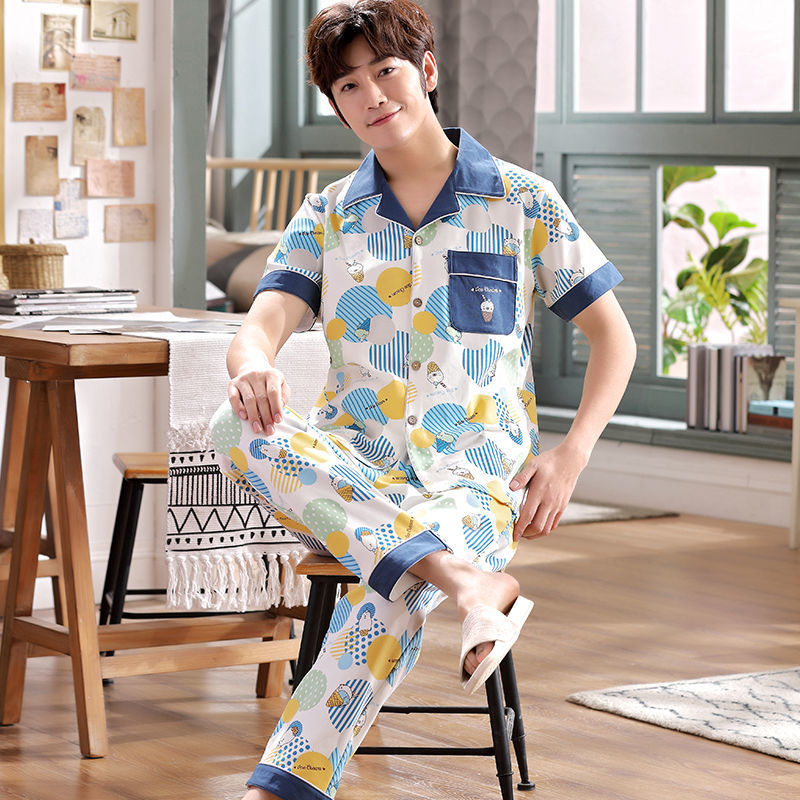 Pijama de algodón 100% de primavera y verano de los hombres pantalones de manga corta cardigan Delgado de los hombres de primavera y otoño de manga corta ropa para el hogar