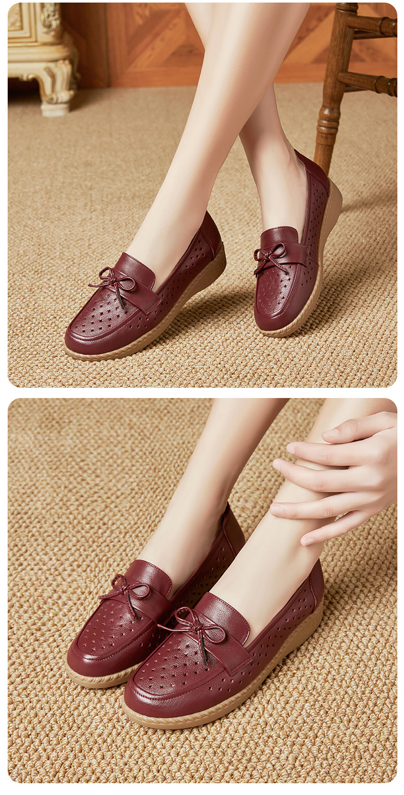 Sandal nữ đế bệt da bò thật thoáng khí mùa hè — Đỏ rượu chi tiết 21
