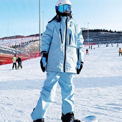 蓝色情侣滑雪服男防风零下40度防寒服加绒雪地服单双板滑雪裤套装