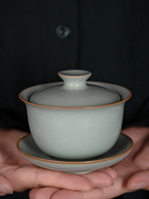 色汝窑三才盖碗公道杯茶漏三件套组合陶瓷茶具开片茶碗杯单个