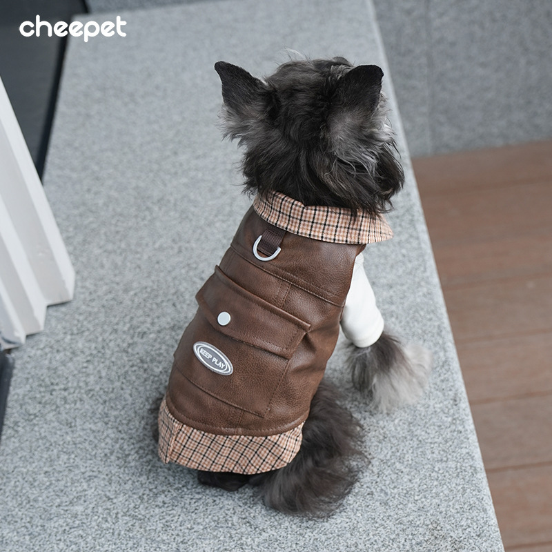 Fun Pet Autumn and Winter Clothes Lapel Leather Jacket Teddy Bear Dog Warm fleece-lined Fake Two-legged Clothes