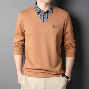 2024 New Autumn Men's Long-sleeved Shirt Collar Striped Fake Two-piece T-shirt Cotton Lapel Knitted T-shirt Trendy