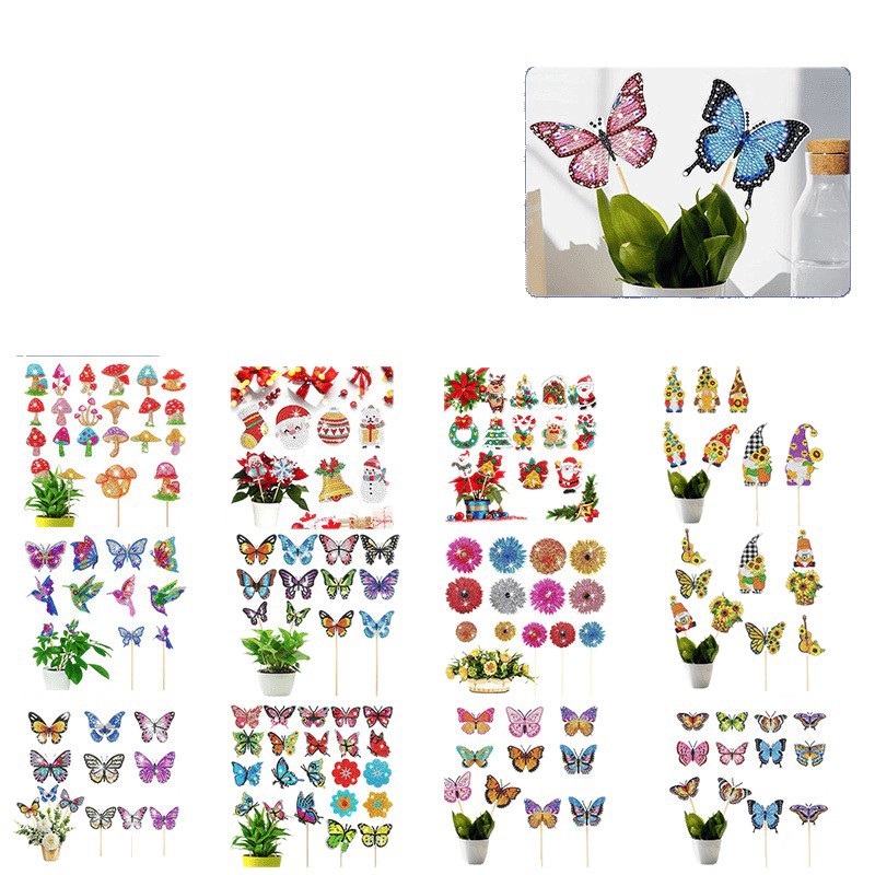 Estacas decorativas para macetas con diseño de flores para decoración de plantas en el hogar y escritorio, fabricante de estacas de jardín hechas a mano con pegatinas de diamantes DIY.