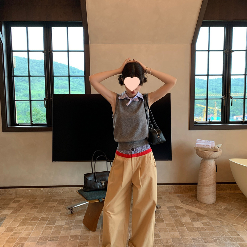 le rouge周美美【27号晚8点新品】可拆卸条纹翻领羊毛针织马甲|undefined
