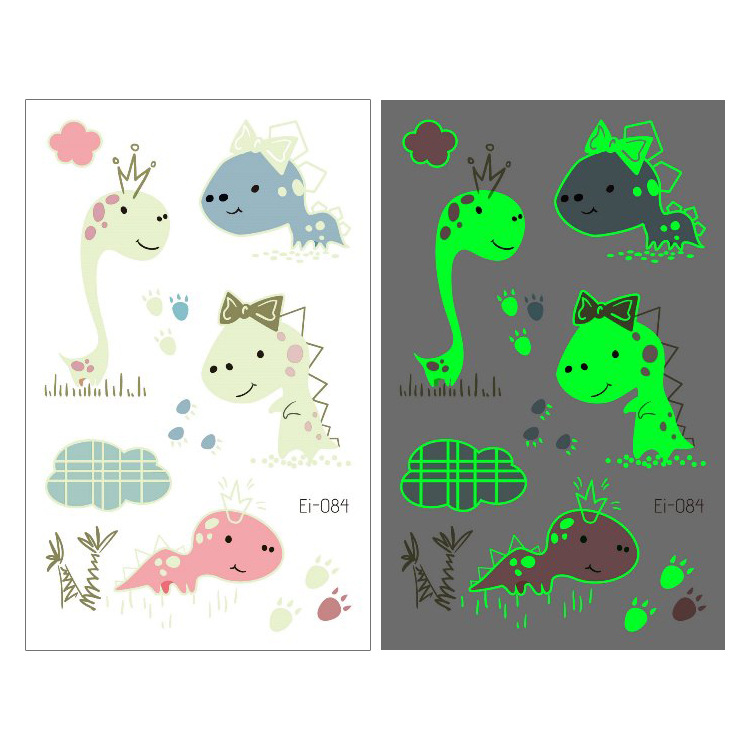 Suministro transfronterizo nuevo dinosaurio luminoso tatuaje pegatinas niños dibujos animados diversión pegatinas luminosas pegatinas temporales del tatuaje